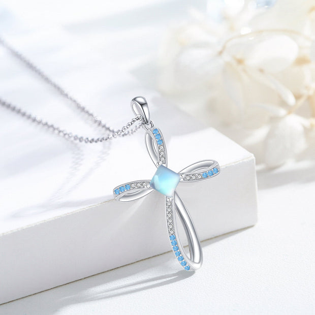 Moonstone Cross Pendant Necklace in 925 Sterling Silver - In Balance Spirit
